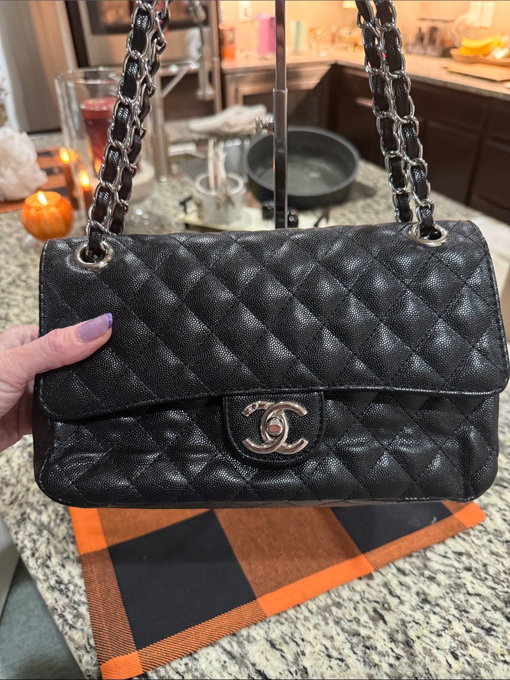 Black Quilted Shoulder Bag with Silver Hardware